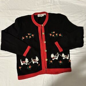 Vintage Bechamel Black Cardigan Holiday Sweater Womens M Scottie Dog Embroidered
